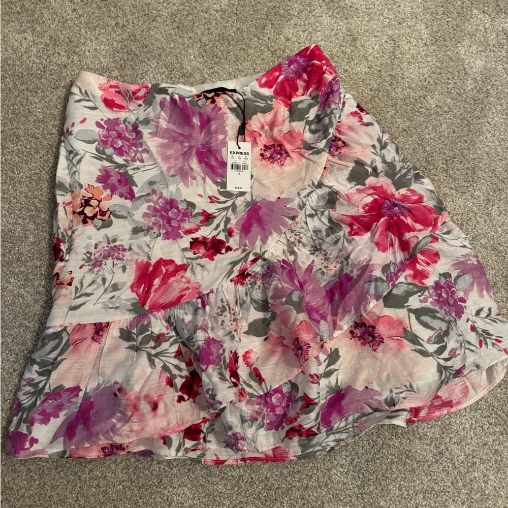 Express Pink and Purple Floral Skater Skirt